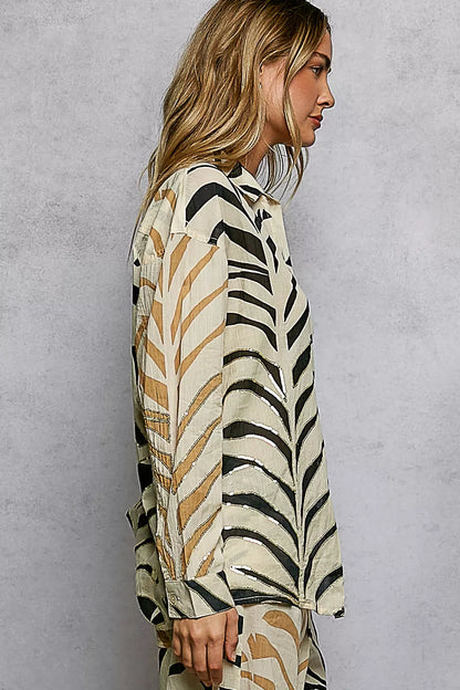 Cream and zebra print POL long sleeve woven shirt with spangles, two-tone design, by Trendsi, featuring a stylish, patterned look.