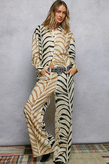 Cream and zebra print two-tone woven long sleeve shirt with spangles from POL by Trendsi, styled with a relaxed fit.