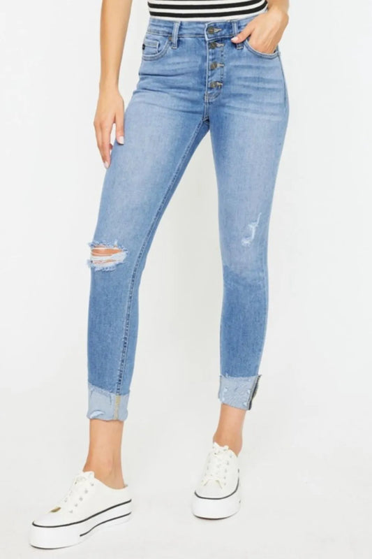 Kancan distressed Cat's Whiskers button fly jeans with ripped details and classic denim style, shown from the front.