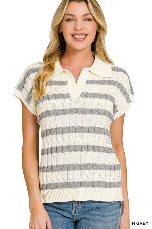 Textured stripe collared sweater vest by Trendsi, featuring a stylish design with a collared neckline and ribbed texture.