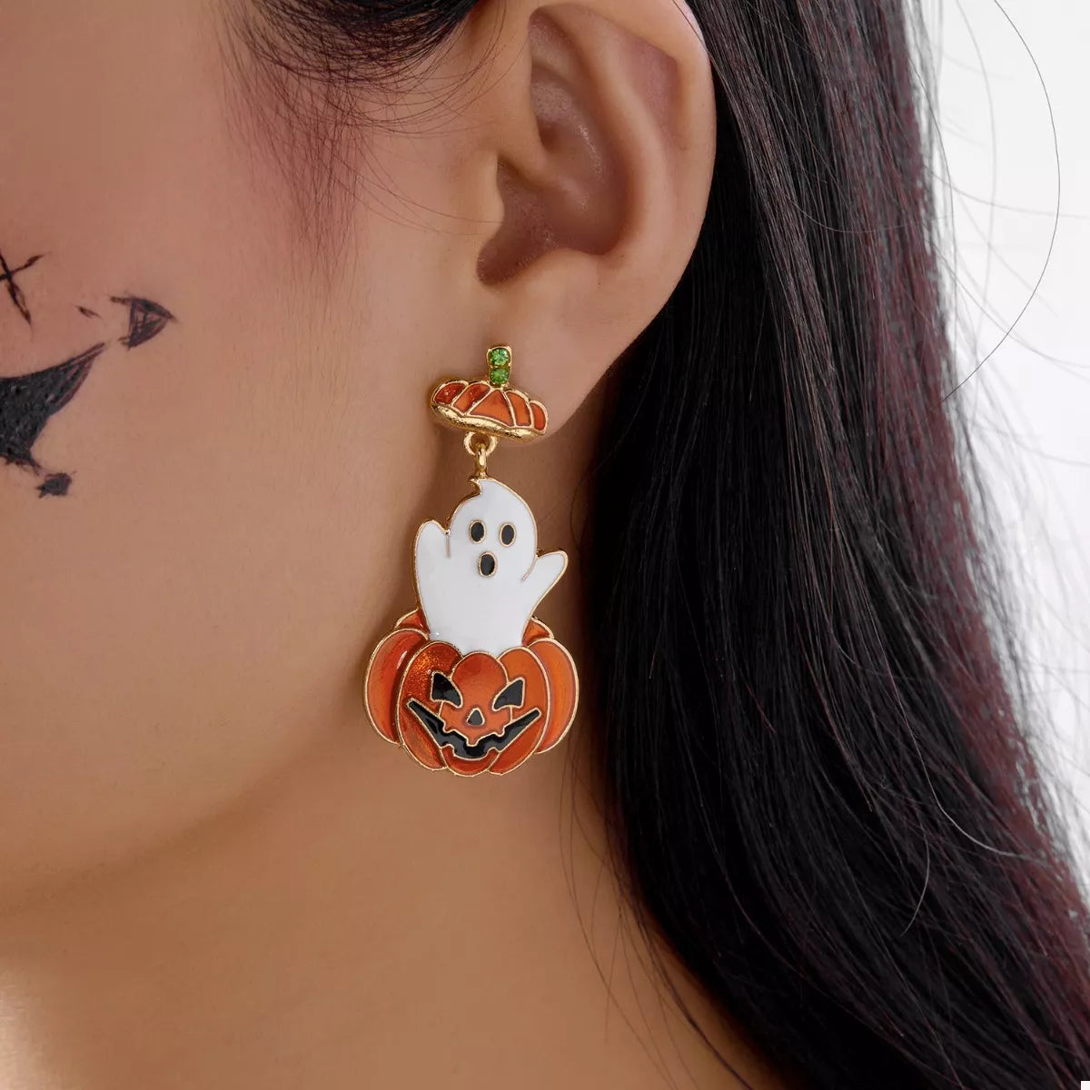 Halloween Ghost Pumpkin dangle earrings featuring spooky ghost and pumpkin charms, perfect for festive fall accessories.