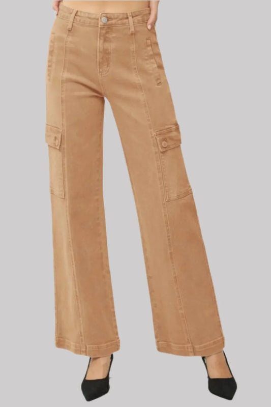 Risen full size high rise wide leg cargo jeans by Trendsi, showing the relaxed fit, multiple cargo pockets, and classic denim texture.