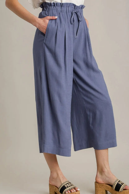 Plus size linen wide fit pants with drawstring from Umgee, featuring relaxed, full-size design and comfortable waistband.