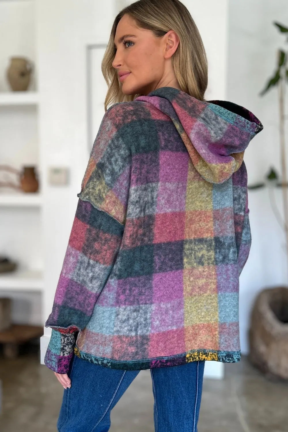 Plus size fleece hoodie by Trendsi featuring a double take plaid pattern, dropped shoulders, and a full-size, cozy fit.