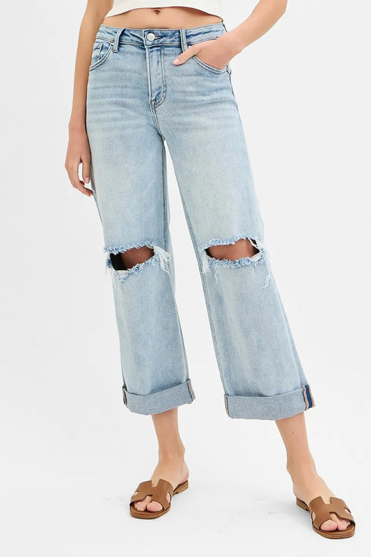 Plus size RISEN full size mid-rise boyfriend jeans with rolled cuffs, casual denim fit, from Trendsi.