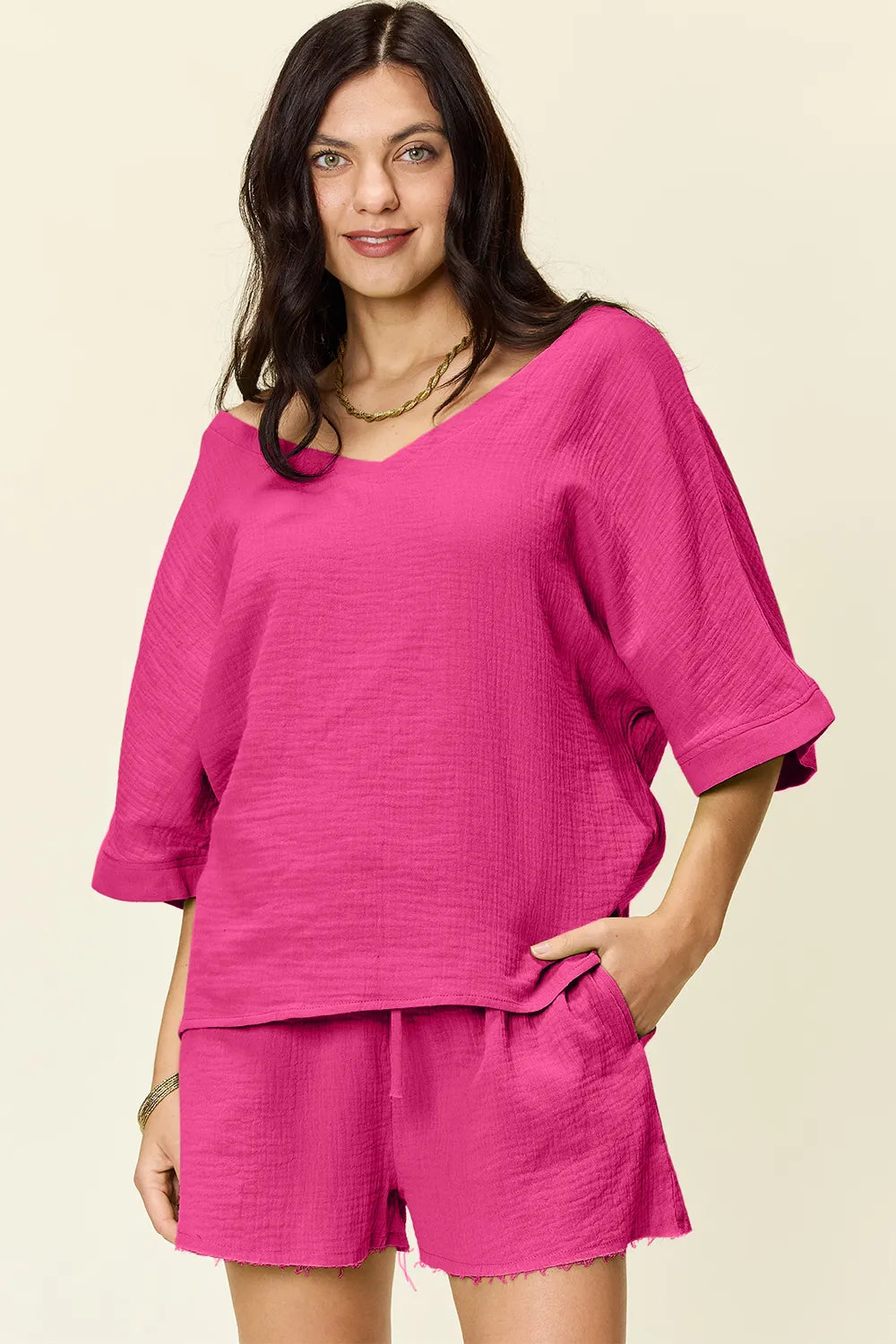 Trendsi Double Take Texture half sleeve T-shirt and drawstring shorts set, casual comfort, soft fabric, stylish for everyday wear
