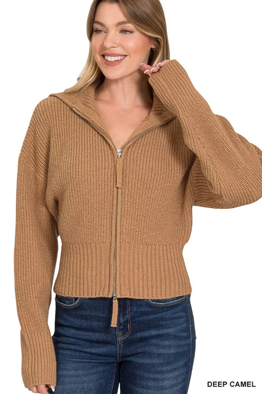 Light gray Zenana ribbed collared zip-up sweater cardigan with a fitted design and front zipper, perfect for casual layering.