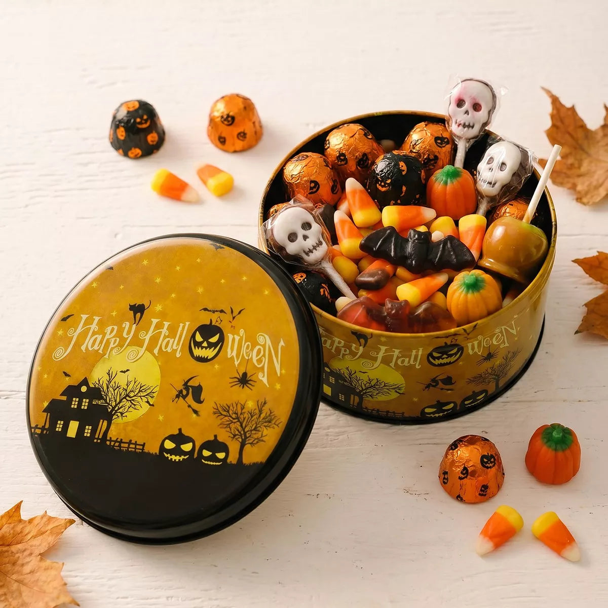 Halloween decorative metal candy tin with spooky design, perfect for festive treats and Halloween party decor.