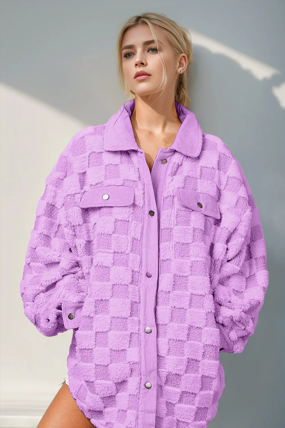 Trendsi Double Take Button Up Fuzzy Checkered Shacket with soft, cozy fabric and classic checkered pattern, front view.