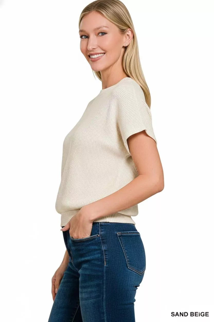Zenana short sleeve sweater with round neck and banded bottom, stylish and comfortable Trendsi knit top.