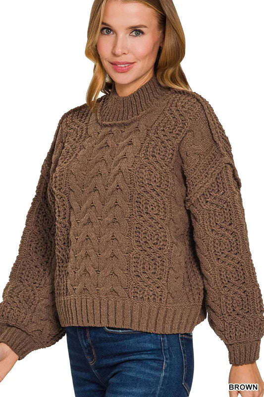 Cream Zenana cable-knit ribbed turtleneck sweater with long sleeves and cozy fit, styled on a model.