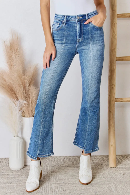 Risen high rise ankle flare jeans from Trendsi, showing the full length, fitted waist, and flared leg silhouette.
