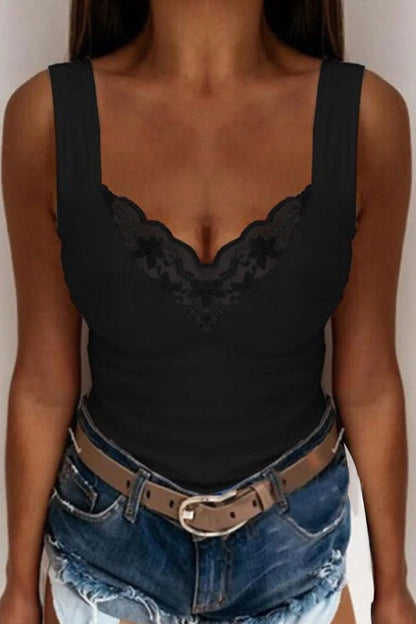 Plus size lace detail V-neck tank top from Trendsi, featuring a full-size design and elegant lace accents.