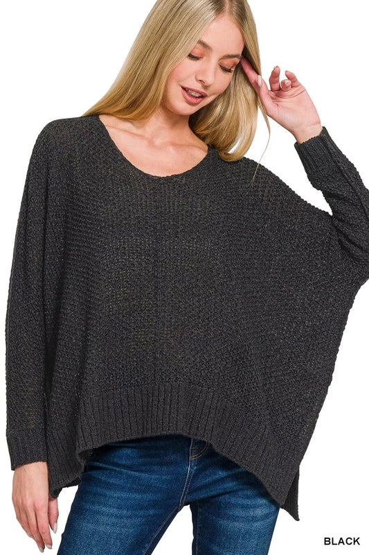 Zenana V-neck sweater with dolman sleeves in soft knit, featuring a relaxed fit and stylish design.