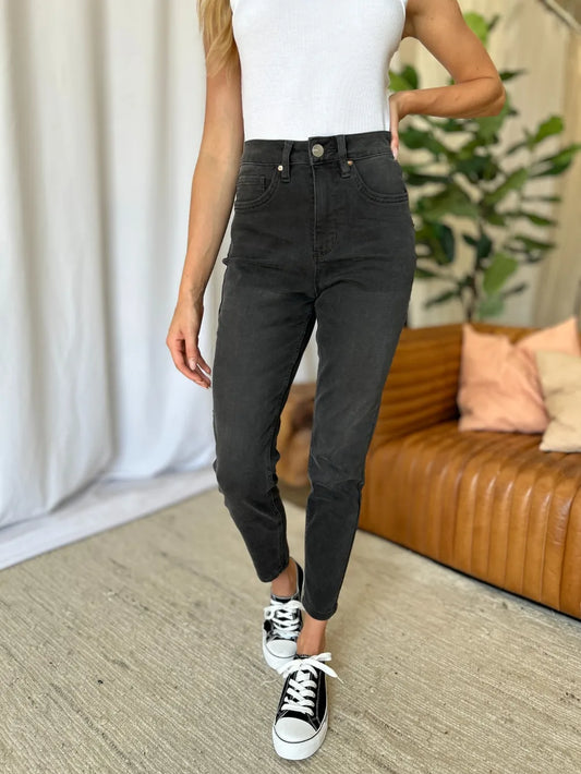 RFM full size high rise skinny jeans with tummy control from Trendsi, showcasing dark wash denim and fitted silhouette.