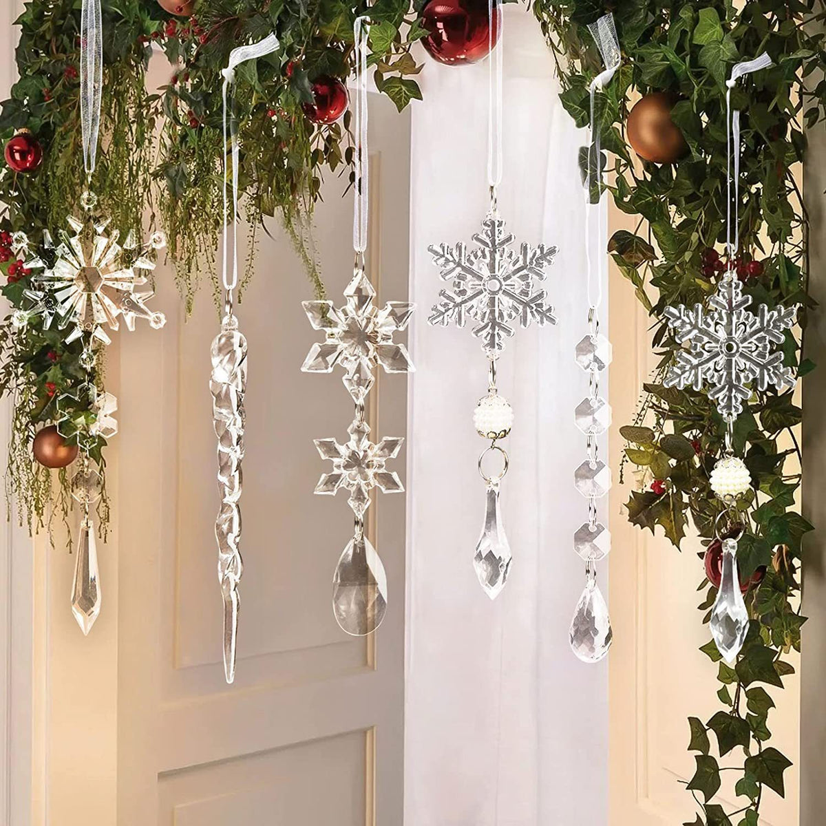 Set of 10 clear acrylic icicle ornaments with a glossy finish, perfect for holiday decorations and winter decor.