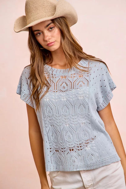 Light blue BiBi Washed Eyelet Short Sleeve Breathable Knit Top by Trendsi, featuring eyelet details and a relaxed fit.