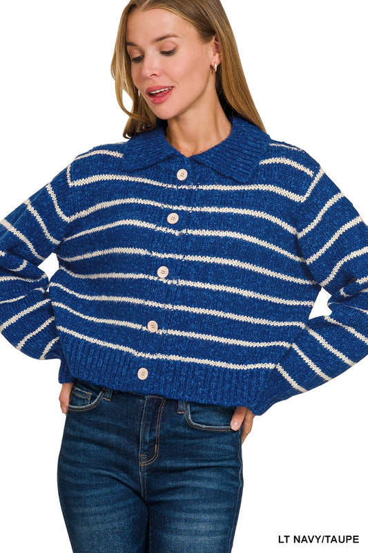 Gray and white striped Zenana collared button-down sweater cardigan with long sleeves and a relaxed fit.