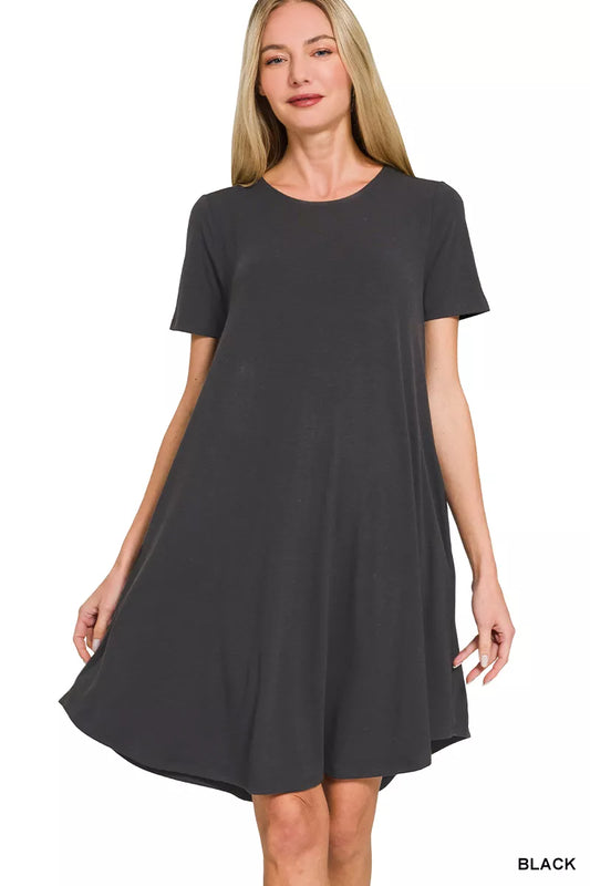 Zenana short sleeve round hem A-line dress with side pockets, casual and comfortable women's fashion, black color, front view.