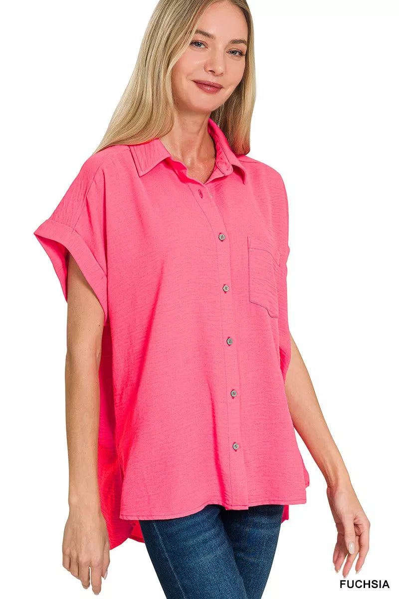 Zenana woven airflow button-down shirt in a light fabric, featuring a relaxed fit and classic collar for casual style.