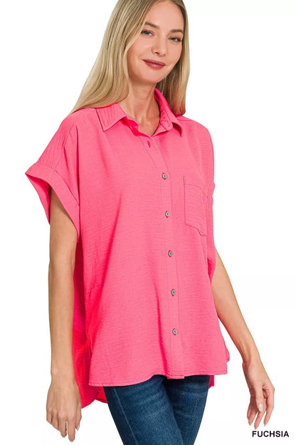 Zenana woven airflow button-down shirt in a light fabric, featuring a relaxed fit and classic collar for casual style.