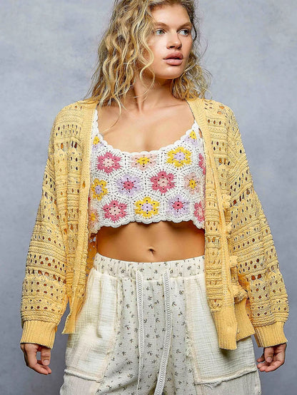 Open-knit floral button cardigan by Trendsi featuring a dandelion pattern, soft fabric, and classic button closure.