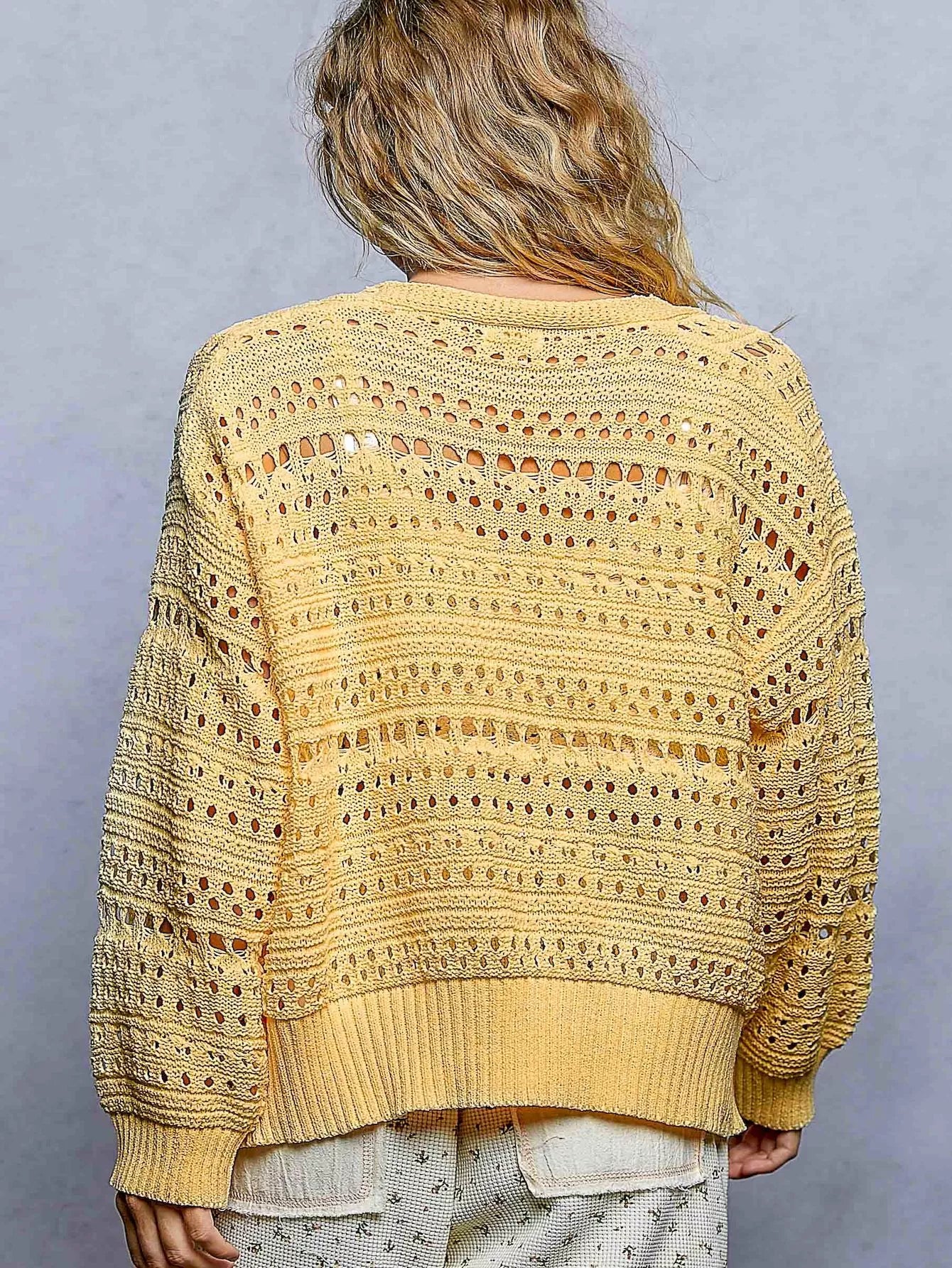 Open-knit floral button cardigan from POL by Trendsi, featuring a lightweight knit fabric with a floral pattern and button closure.