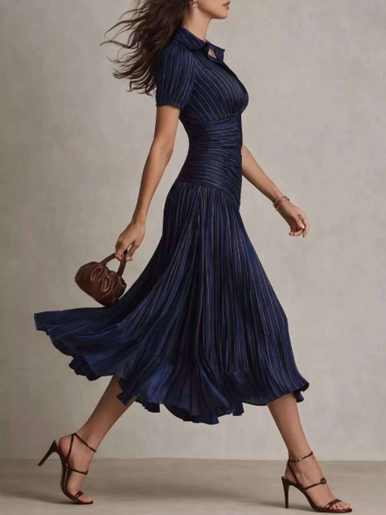 Dark blue pleated striped short sleeve midi dress by Trendsi, showcasing its flowy fabric and stylish pattern.