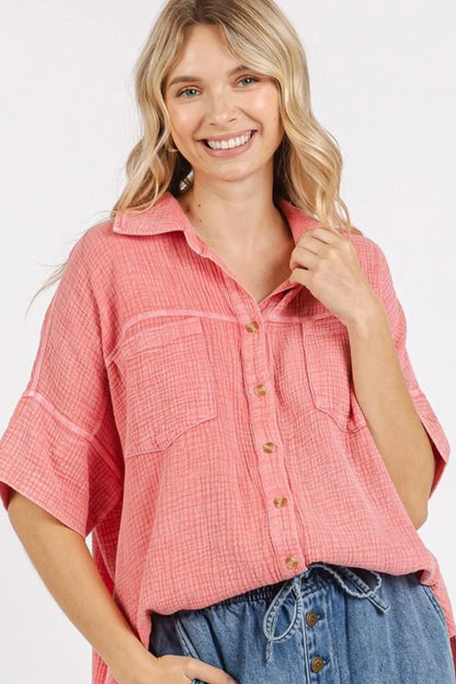 Trendsi Mittoshop Mineral Wash Gauze Oversized Short Sleeve Shirt in soft, breathable fabric, featuring a relaxed fit and casual style.