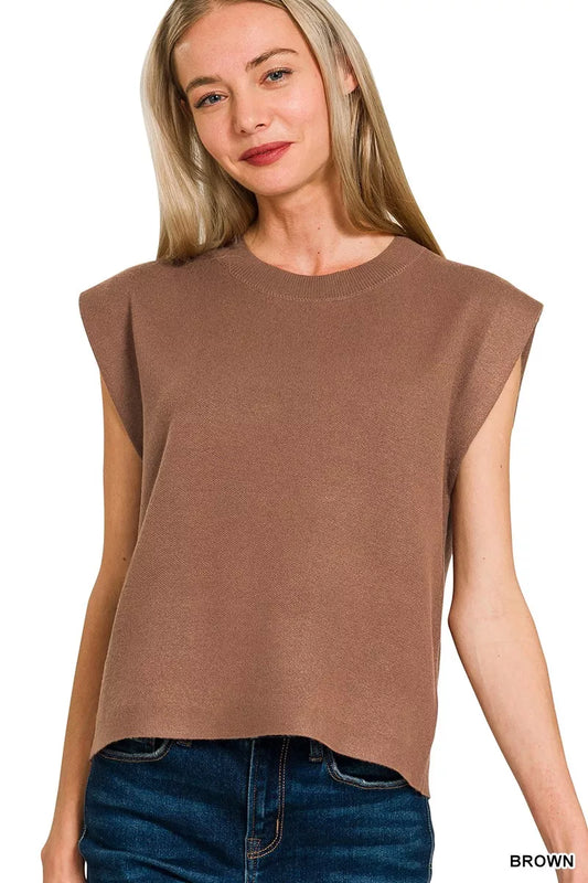 Light gray Zenana Viscose Sweater Vest with round neckline, featuring a soft knit texture and classic fit.