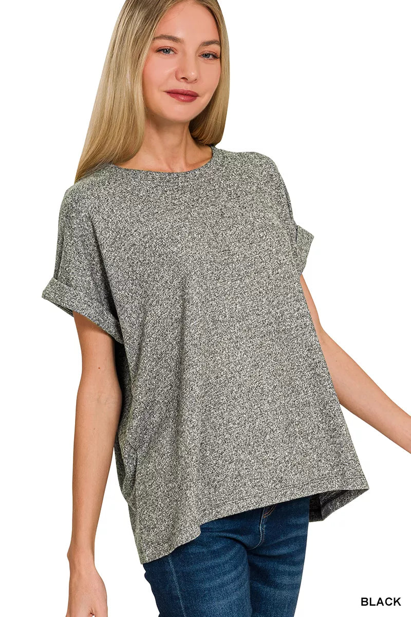 Zenana soft melange Hacci short sleeve round neck top, lightweight and casual in a comfy, textured fabric with a relaxed fit.