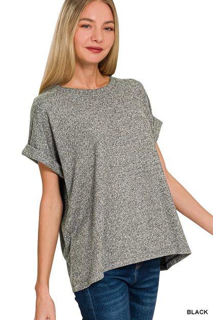 Zenana soft melange Hacci short sleeve round neck top, lightweight and casual in a comfy, textured fabric with a relaxed fit.
