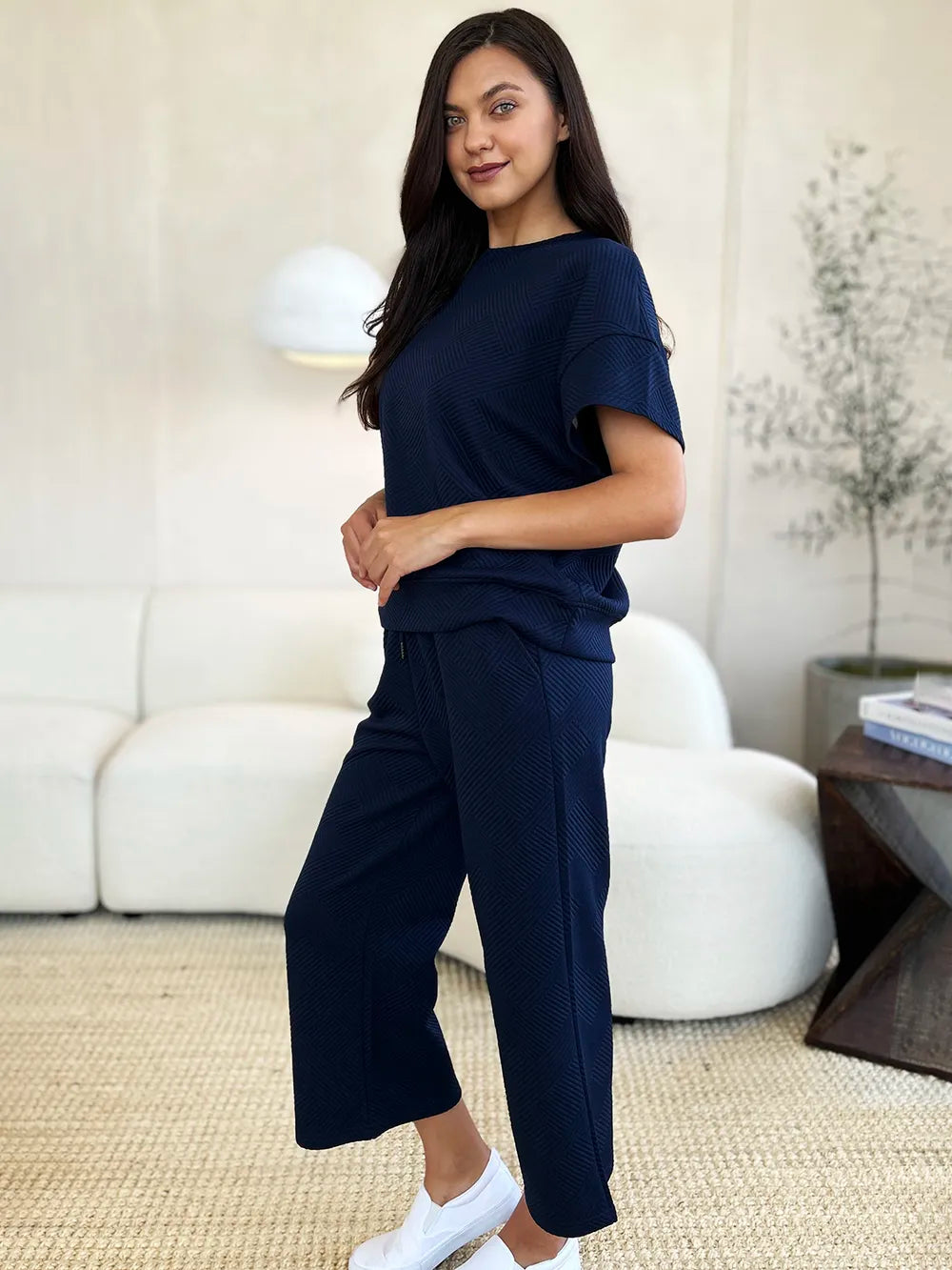 Trendsi Double Take full size textured short sleeve top and matching pants set, stylish and comfortable loungewear or casual outfit