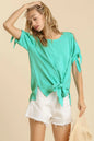 Umgee cold shoulder short sleeve top with round neck, side slits, and tie knot details, perfect for casual summer wear.