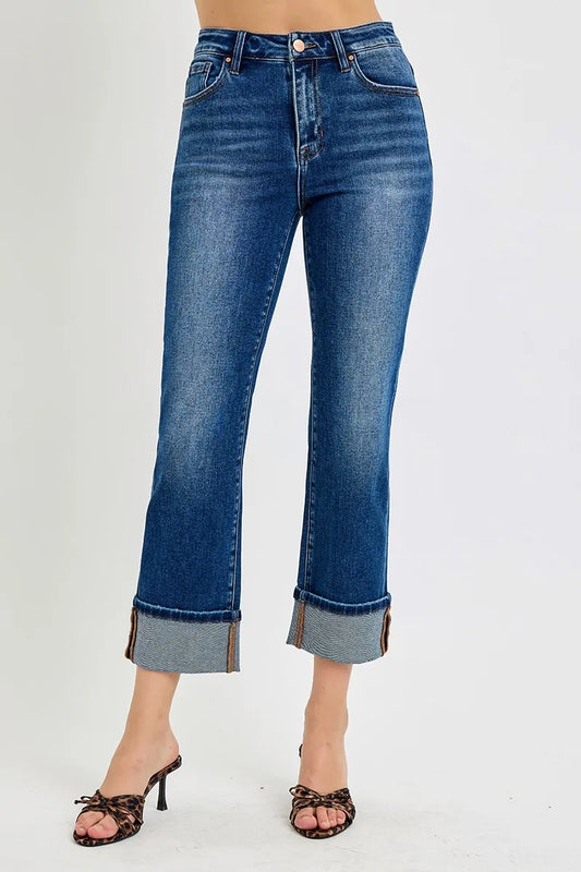 Plus size RISEN high rise ankle straight cuffed jeans by Trendsi, featuring a full size fit and stylish cuffed ankle design.