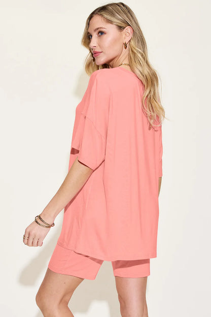 Basic Bae Bamboo full-size V-neck drop shoulder T-shirt and shorts set by Trendsi, featuring a relaxed fit and comfortable bamboo fabric.