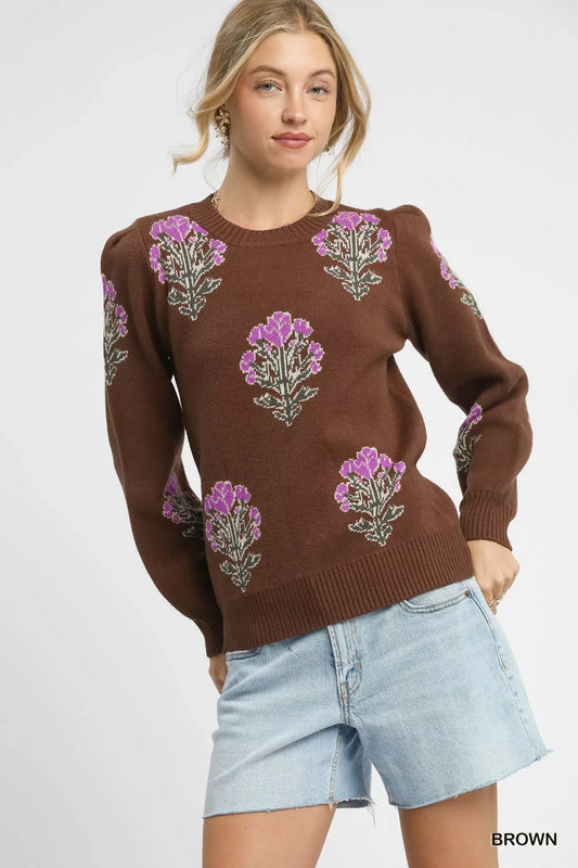 Umgee jacquard sweater with single flower stem pattern, featuring a cozy, stylish knit design in neutral tones.