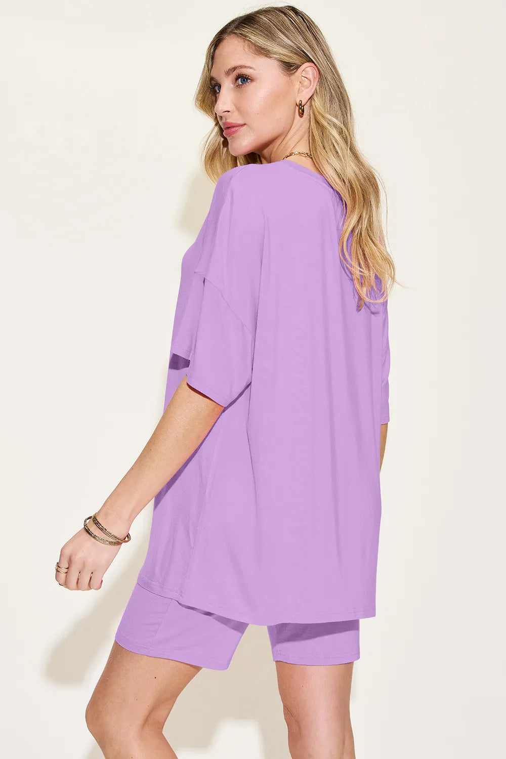 Basic Bae bamboo full-size V-neck drop shoulder T-shirt and shorts set by Trendsi, shown in soft bamboo fabric with relaxed fit.