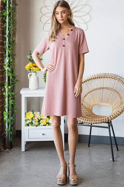 Full size Heimish ribbed mini dress with button details, plus size, featuring a solid design and stylish fit.
