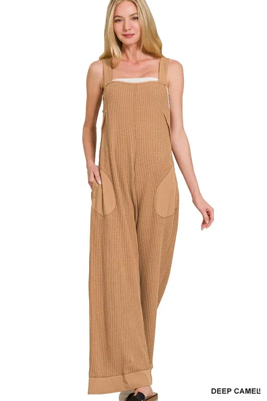 Deep camel Zenana Knit Waffle Wide Leg Overalls from Trendsi, featuring a cozy knit fabric and wide-leg design.