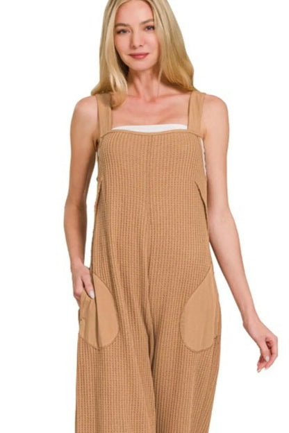 Deep camel Zenana Knit Waffle Wide Leg Overalls with adjustable straps and relaxed fit, made from soft, textured knit fabric.