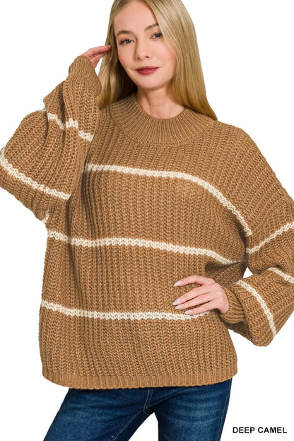 Deep camel Zenana oversized striped sweater with relaxed fit and bold horizontal stripes, perfect for casual wear.