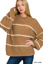 Deep camel Zenana oversized striped sweater with relaxed fit and bold horizontal stripes, perfect for casual wear.