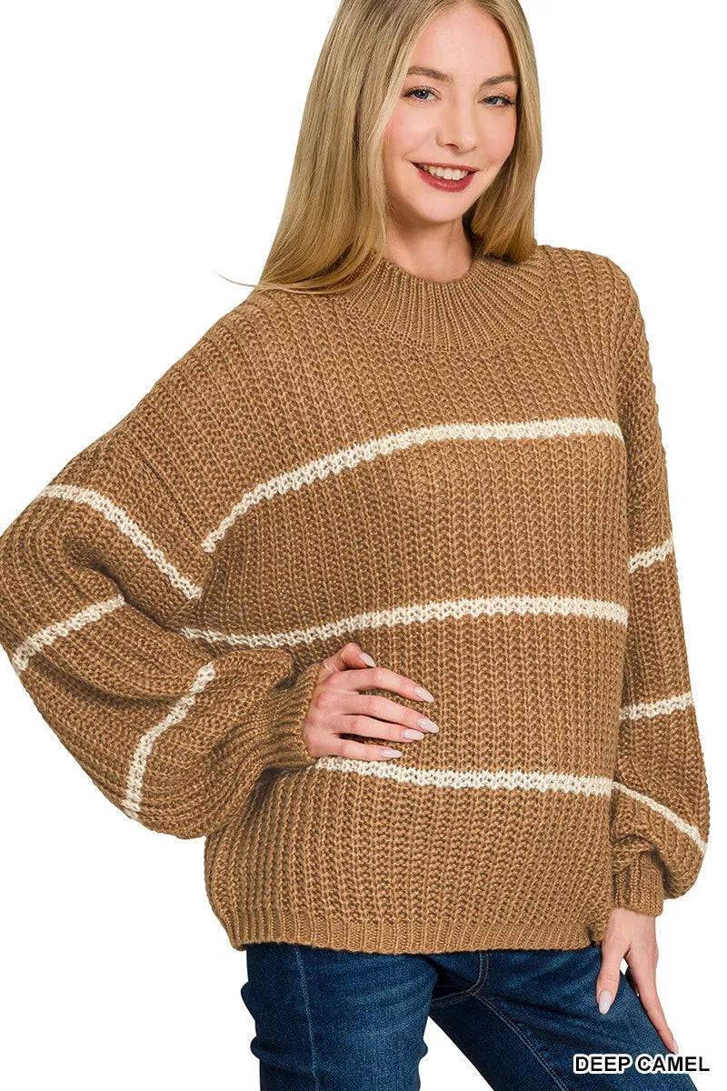 Deep camel Zenana oversized striped sweater with relaxed fit and bold horizontal stripes, perfect for cozy casual wear.