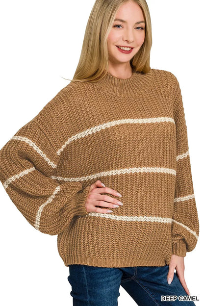 Deep camel Zenana oversized striped sweater with relaxed fit and bold horizontal stripes, perfect for cozy casual wear.
