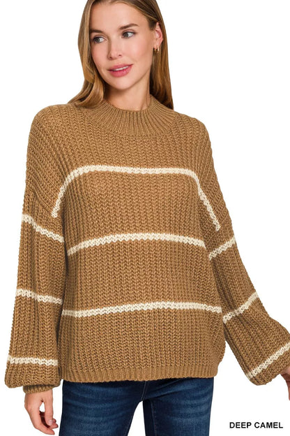 Deep camel Zenana oversized striped sweater with relaxed fit and long sleeves, stylish and cozy for casual wear.