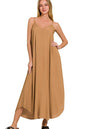 Deep camel Zenana woven cami dress with arc hem, flowy pockets, and sleeveless design, perfect for casual summer wear.