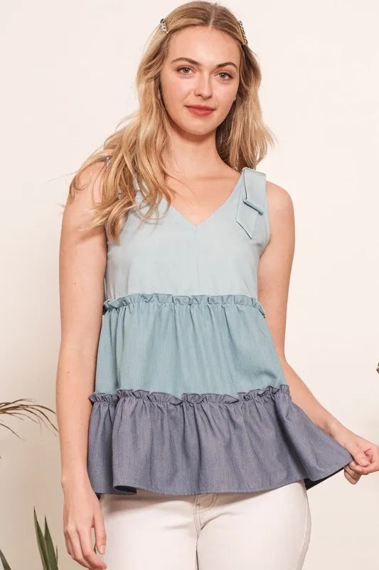 Plus size Lime 'N' Chili color block V-neck baby doll sleeveless top by Trendsi, shown in denim combo style.