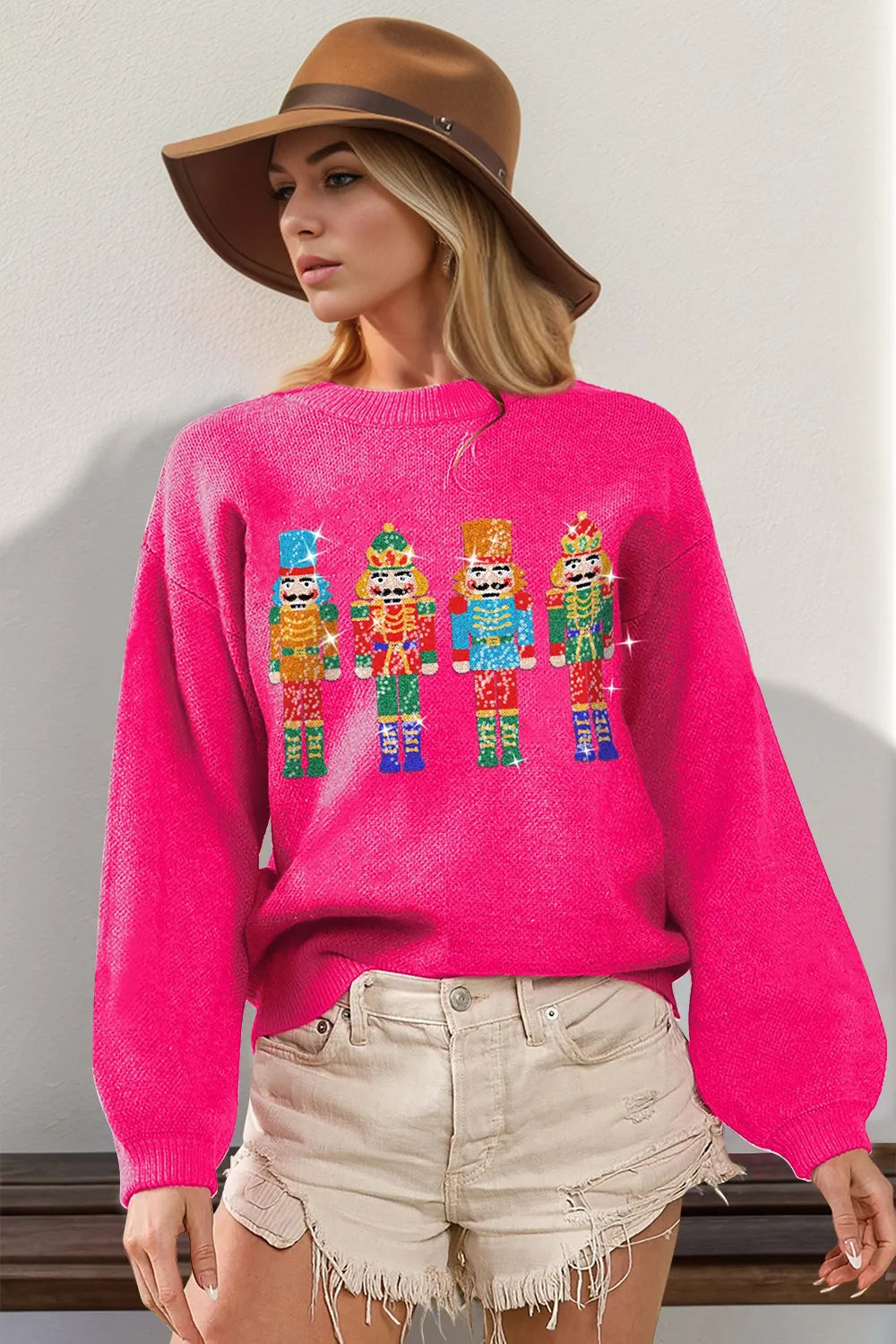Trendsi Double Take full size sequin Nutcracker long sleeve sweater, featuring festive sequin details and cozy knit fabric.