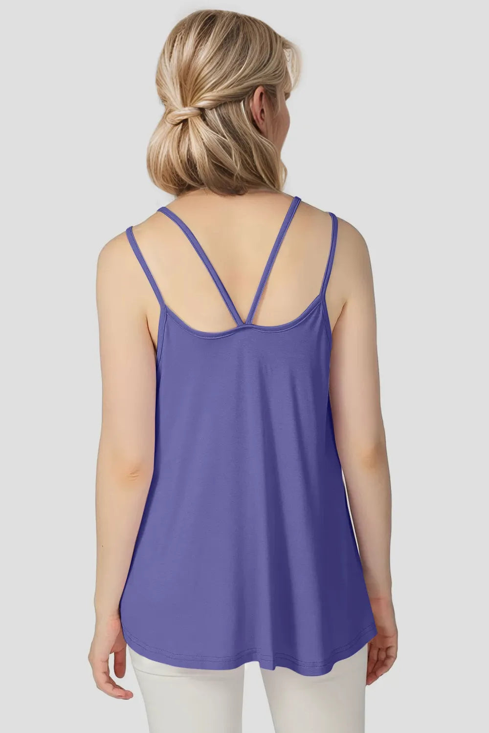 Basic Bae bamboo cami with scoop neck and double spaghetti straps, featuring a lightweight, soft fabric in natural bamboo material.